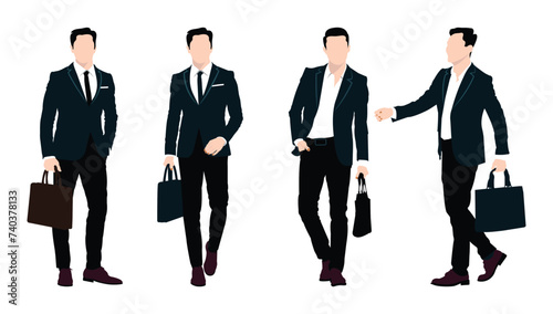  Businessman carrying a briefcase. Office going businessman vector. Confident cheerful businessman character illustration. A group of businessmen standing poses isolated on a white background.