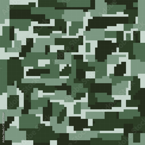 Camouflage seamless pattern. Military dark green color pixel art camouflage background.