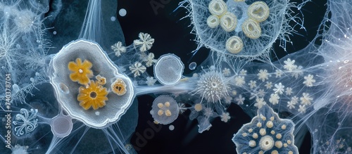This photograph shows a highly magnified view of a group of sea animals captured through enhanced reflection microscopy.