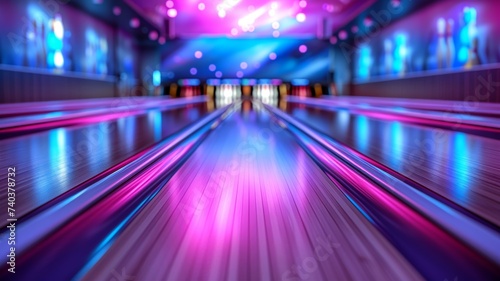 Neon lights cast vibrant glows on bowling alley lanes during cosmic play photo