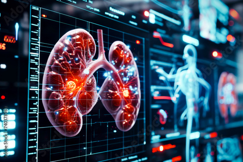 Detailed kidney function analysis on a futuristic digital interface with interactive 3D models © Margo_Alexa