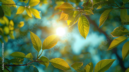 Branches of trees with delicate leaves backlit by the sun 