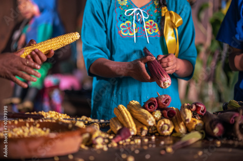 Foto The yellow corn corn is peeled and then its kernels are extracted to make a traditional drink from the mountains of Guatemala
