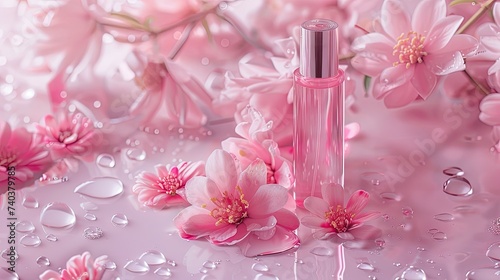 perfume and flowers with bacground pink