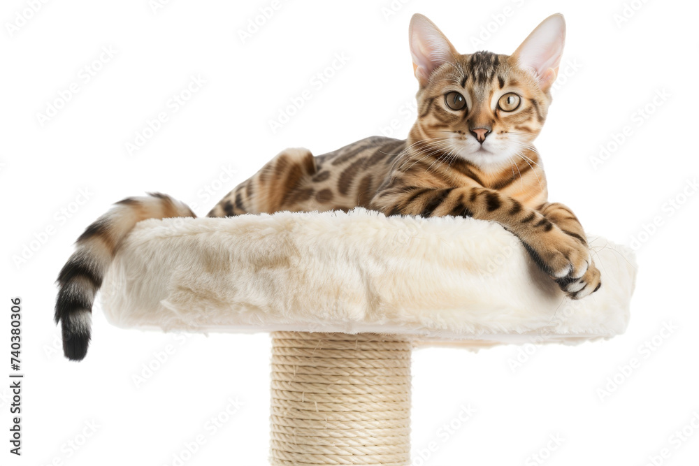 Fototapeta Bengal cat relaxing on a cat tower, isolated on transparent background.
