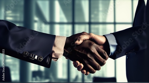 Two business executives shaking hands with determination