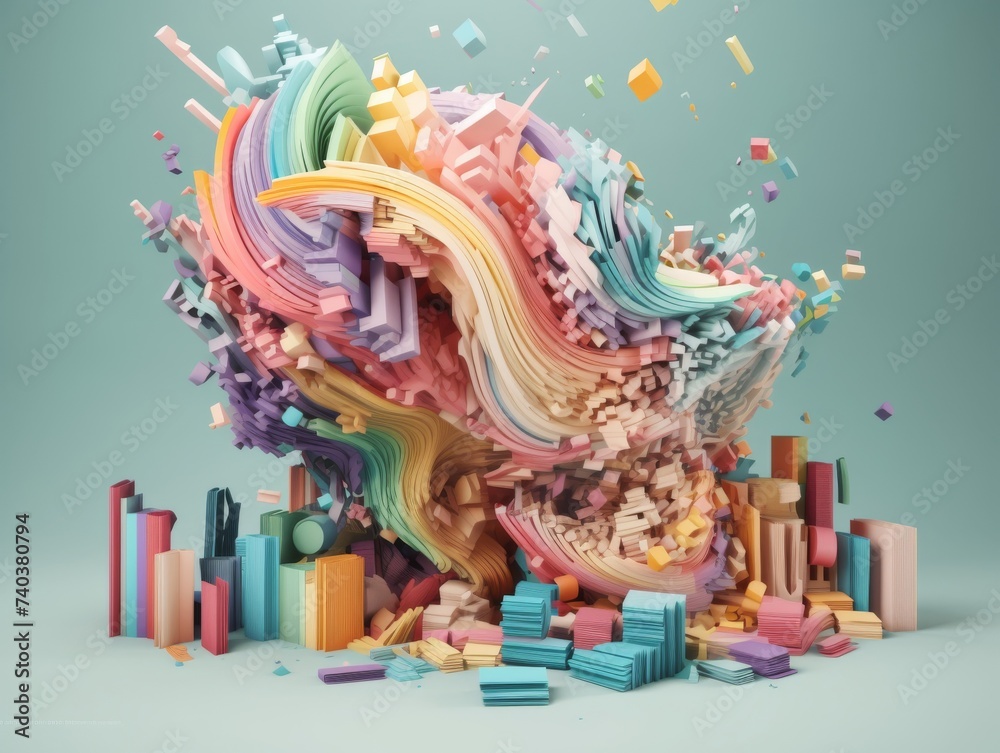 Vibrant 3D Abstract Composition of Swirling Colors and Shapes