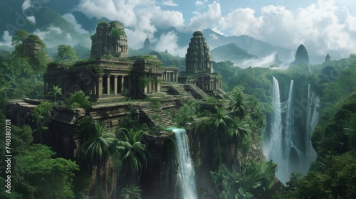 Ancient Temple Complex Amidst Lush Jungle Waterfalls and Mist © SpiralStone