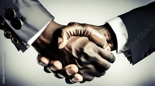 Two business executives shaking hands with determination