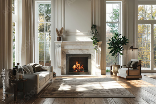 Beautiful living room interior with hardwood floors and fireplace in new luxury home. Creative Banner. Copyspace image