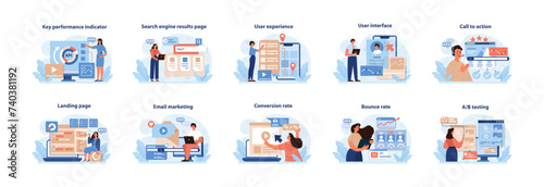 Digital Marketing Essentials Vector Illustrations. Engaging visuals depicting key digital.