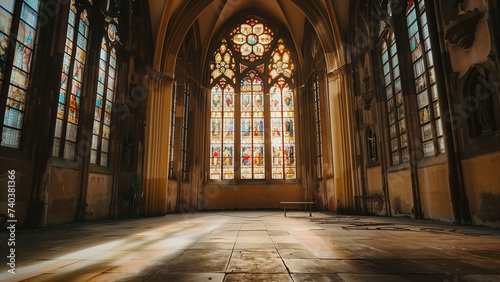 Historic Harmony  Old Cathedral Interior Illuminated by Stained Glass