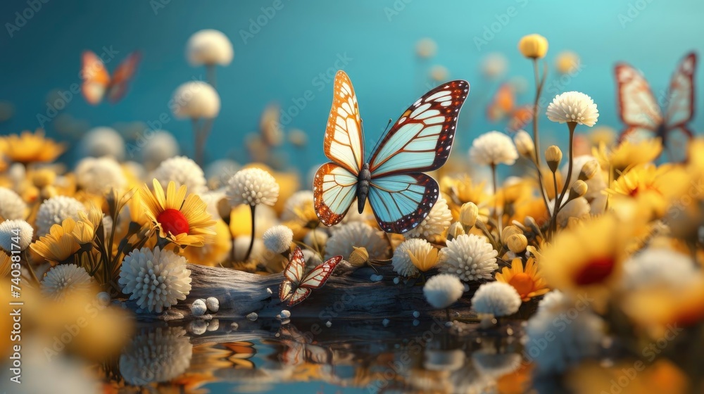 Easter day background with egg ornaments, butterflies and blurred background Easter day background with egg ornaments, butterflies and blurred background