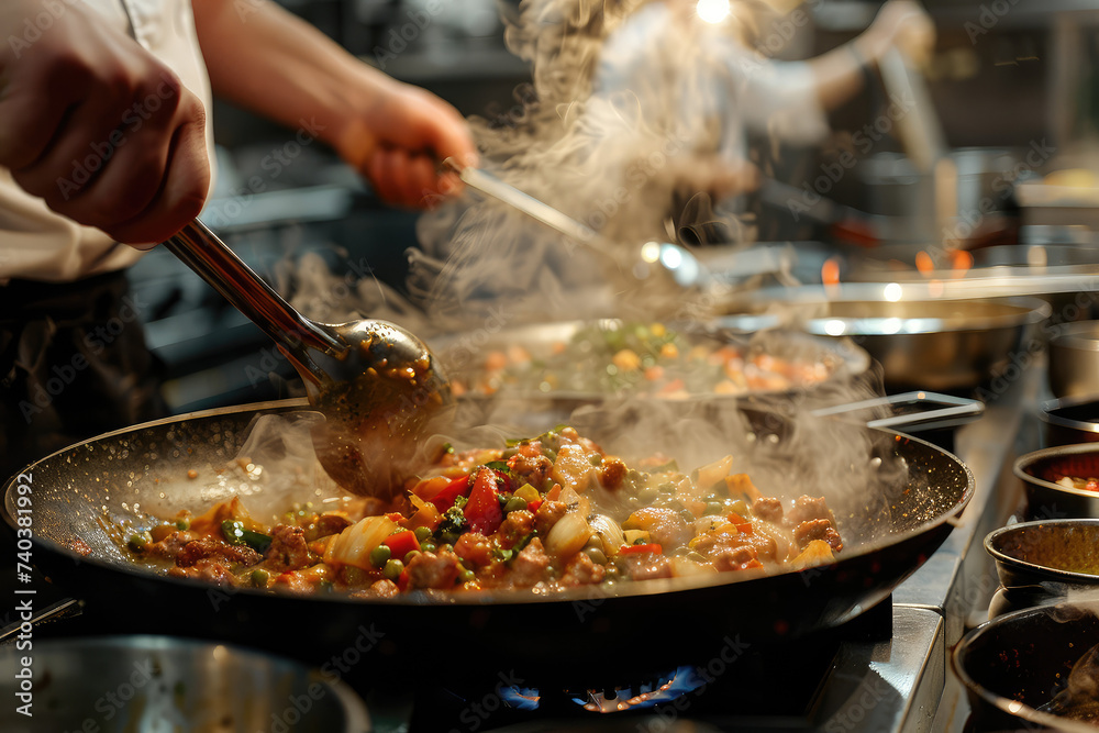 gourmet dish being prepared in a high-end restaurant kitchen gourmet dish being prepared in a high-end restaurant kitchen