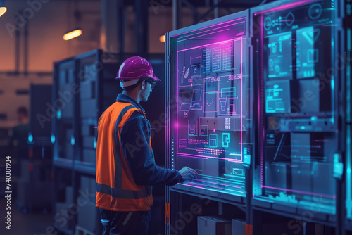 Futuristic Technology Retail Warehouse: Worker Doing Inventory Walks when Digitalization Process Analyzes Goods, Cardboard Boxes, Products with Delivery Infographics in Logistics, Distribution Center