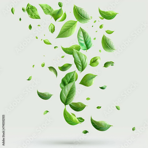 Green Floating Leaves Flying Leaves Green Leaf Dancing isolated on transparent background. Flying whirl green leaves in the air, Healthy products by organic natural ingredients concept
