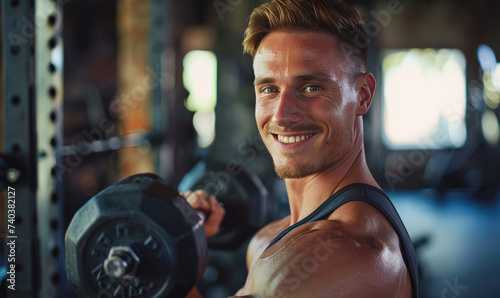 A handsome man with a smile posing holding a dumbbell