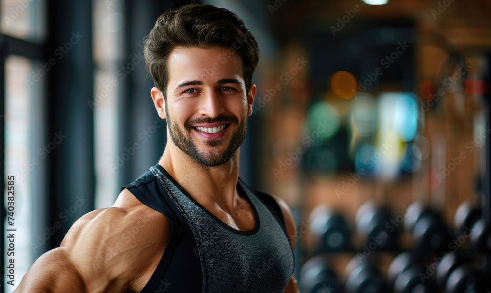 A handsome man with a smile posing holding a dumbbell