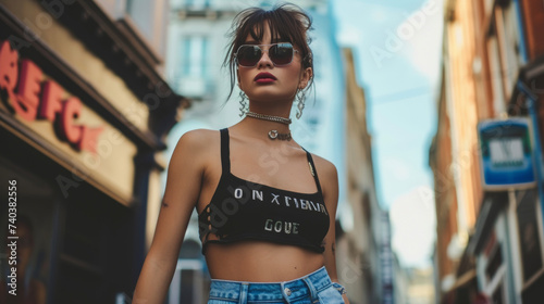 A crop top with custom 3D printed lettering spelling out the wearers pions and interests. This fun and edgy look is perfect for a day of shopping in a hip alternative city. photo