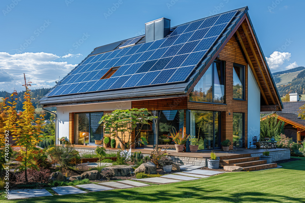 New suburban house with a photovoltaic system on the roof. Modern eco ...