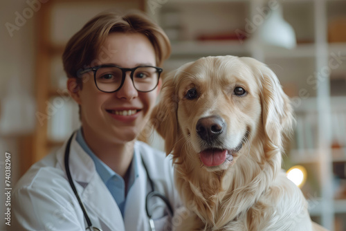 Portrait of a Young Veterinarian in Glasses Petting a Noble Healthy Golden Retriever Pet in a Modern Veterinary Clinic. Handsome Man Looking at Camera and Smiling Together with the Dog. Static Footage