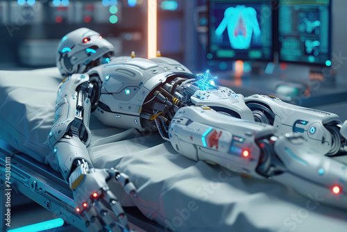 Surgery Patient Laying On Surgical Table. Robot Arms Performing High-Precision Nanosurgery In Hospital. Automated Robotic Limbs Operating, VFX Holographic Displays Showing Heartbeat, Blood Pressure.