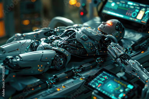Surgery Patient Laying On Surgical Table. Robot Arms Performing High-Precision Nanosurgery In Hospital. Automated Robotic Limbs Operating, VFX Holographic Displays Showing Heartbeat, Blood Pressure.