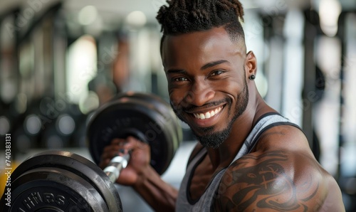 A handsome man with a smile posing holding a dumbbell