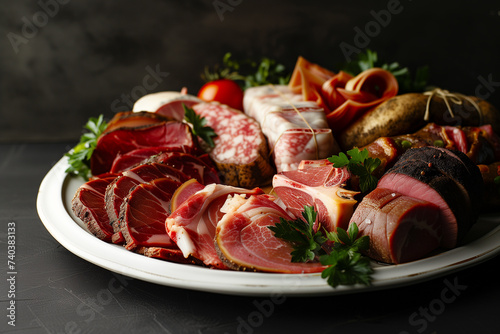 Assorted meat products on a white plate. 