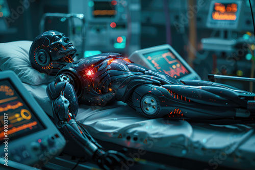Surgery Patient Laying On Surgical Table. Robot Arms Performing High-Precision Nanosurgery In Hospital. Automated Robotic Limbs Operating, VFX Holographic Displays Showing Heartbeat, Blood Pressure.