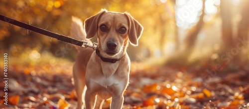 A cute dog strolling through the vibrant autumn leaves in the lush forest © TheWaterMeloonProjec