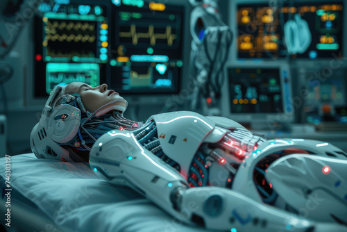 Surgery Patient Laying On Surgical Table. Robot Arms Performing High-Precision Nanosurgery In Hospital. Automated Robotic Limbs Operating, VFX Holographic Displays Showing Heartbeat, Blood Pressure.