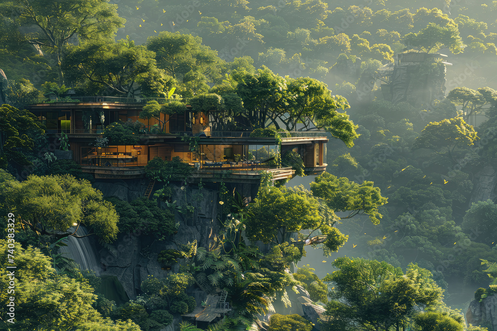 The house overlooks a ravine filled and junglelike foliage. Generative AI. The house overlooks a ravine filled and junglelike foliage. Generative AI.