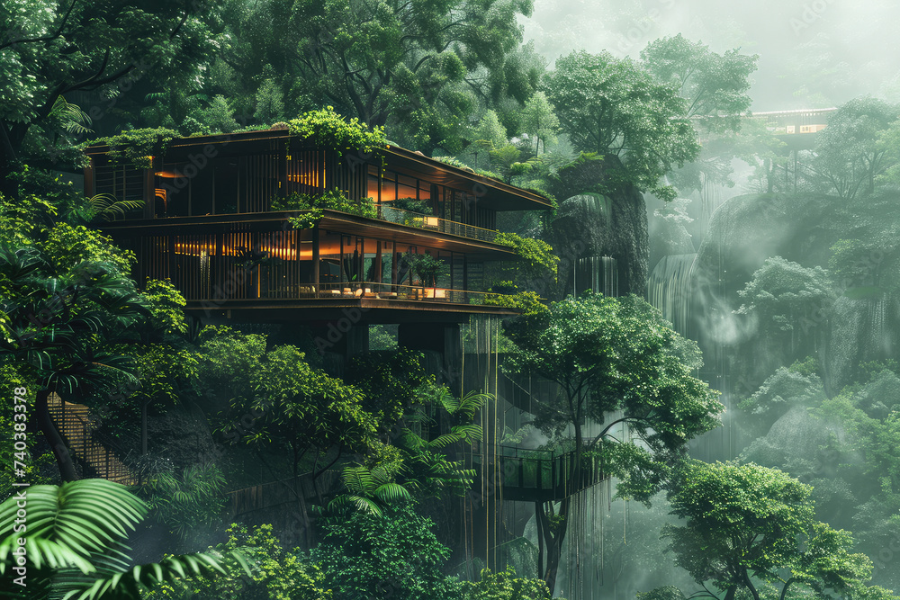 The house overlooks a ravine filled and junglelike foliage. Generative AI. The house overlooks a ravine filled and junglelike foliage. Generative AI.