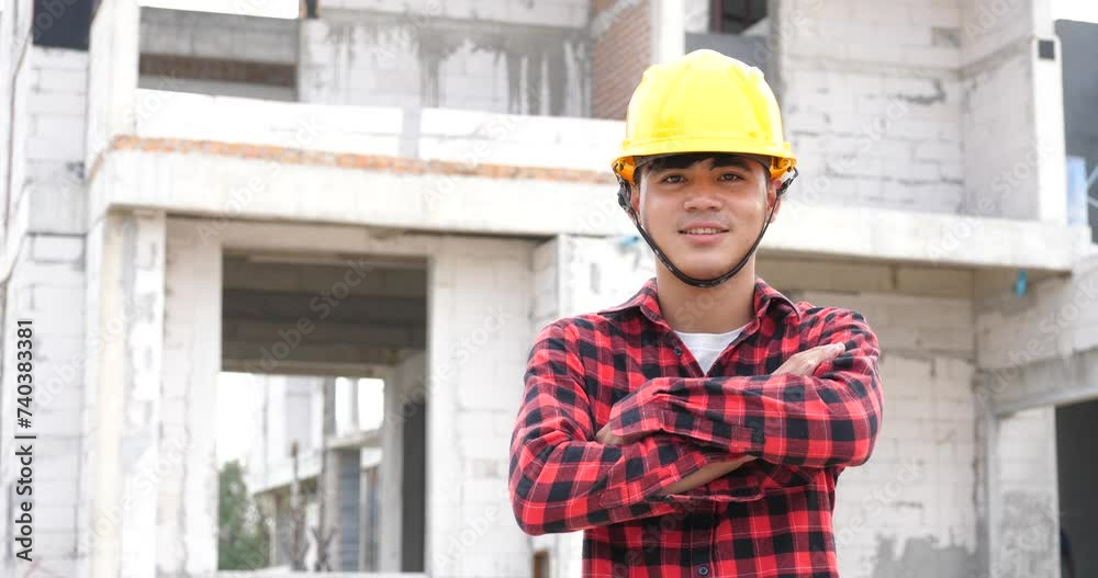 Handsome young Asian worker with house under construction background Handsome young Asian worker with house under construction background
