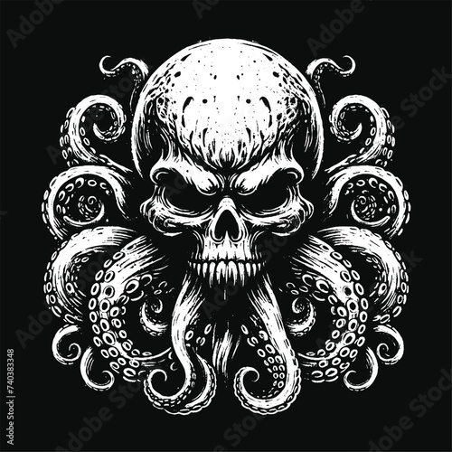 Dark Art Octopus Beast tentacles squid skull horror Tattoo Grunge Vintage Style illustration