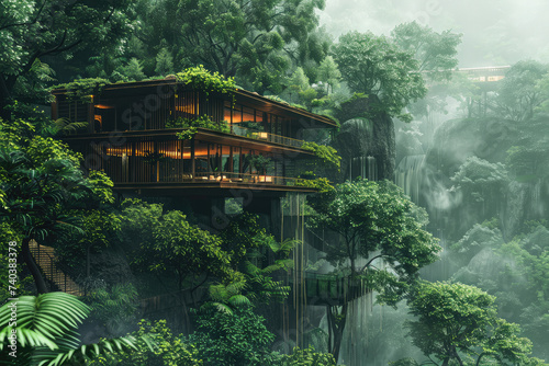 The house overlooks a ravine filled and junglelike foliage. Generative AI.