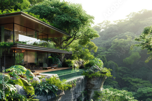 The house overlooks a ravine filled and junglelike foliage. Generative AI.
