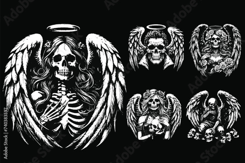 Set Dark Art Skull Angel Face with Wings Horror Grunge Vintage Tattoo illustration black white