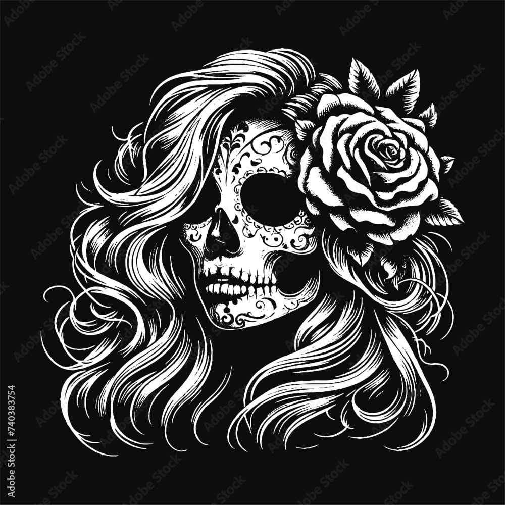 Fototapeta premium Dark Art Skull Girl with Long Hair Rose Woman Grunge Vintage Tattoo illustration black white