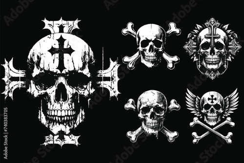 Set Dark Art Skull Head With Cross Sign Bone Tattoo Grunge Vintage horror illustration black white