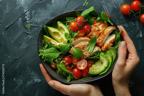 Woman's hands holding a bowl with salad with tomatoes, chicken, avocado, green leaves, top view of only hands with space for text or inscriptions, healthy eating theme.isolated.generative ai