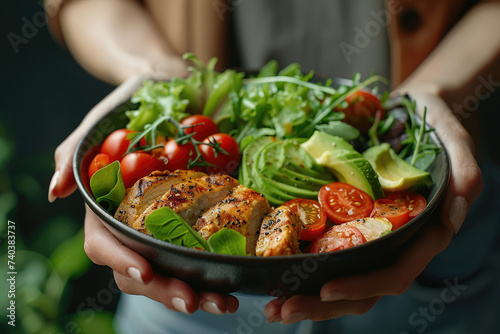 Woman's hands holding a bowl with salad with tomatoes, chicken, avocado, green leaves, top view of only hands with space for text or inscriptions, healthy eating theme.isolated.generative ai