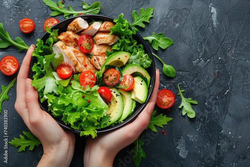 Woman's hands holding a bowl with salad with tomatoes, chicken, avocado, green leaves, top view of only hands with space for text or inscriptions, healthy eating theme.isolated.generative ai