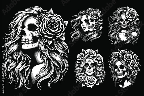 Set Dark Art Skull Girl with Long Hair Rose Woman Grunge Vintage Tattoo illustration black white