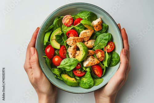 Woman's hands holding a bowl with salad with tomatoes, chicken, avocado, green leaves, top view of only hands with space for text or inscriptions, healthy eating theme.isolated.generative ai