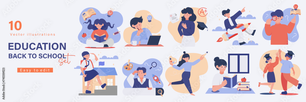 Education concept illustrations. Set of people vector illustrations in various activities of education, learning, reading book, online course and training, back to school.