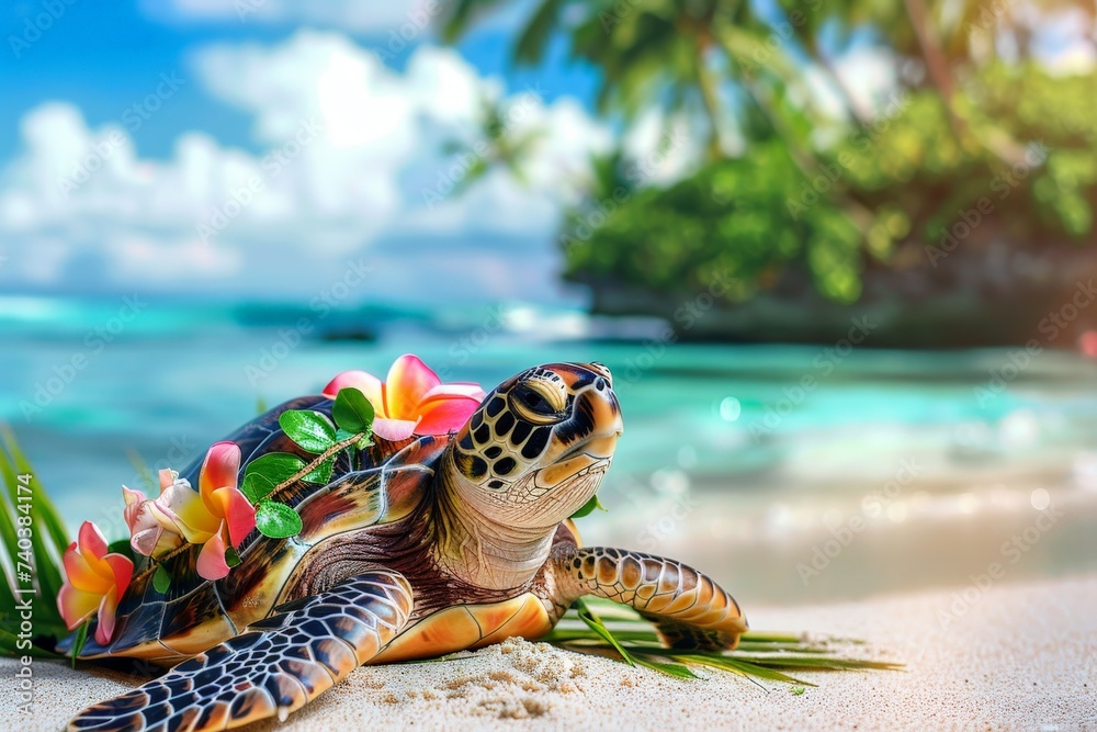 Summer beach background, Turtle with hawaiian costume tropical palm and beach background - obrazy, fototapety, plakaty 