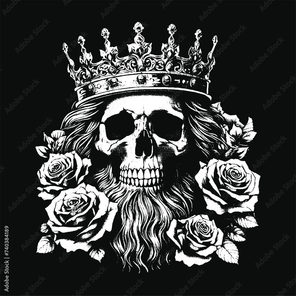 Fototapeta premium Dark Art Skull King Crown Throne with Roses Vintage Grunge Tattoo illustration black white