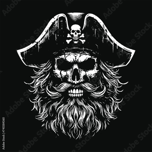 Dark Art Skull Pirates Captain Marine with Hat Grunge Vintage Tattoo illustration Black White